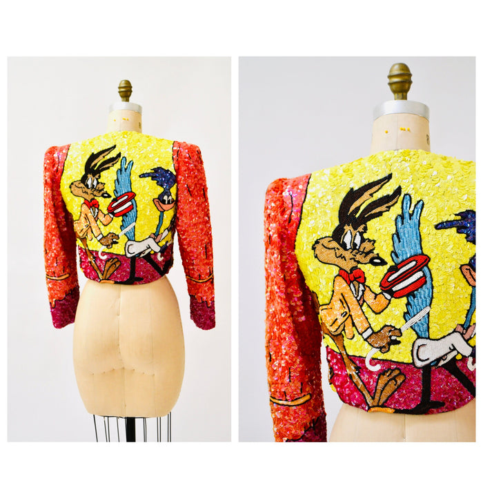 90s Vintage Jeanette Kastenberg Platinum Sequin Jacket Looney Tunes Warner Brothers Cartoon Beaded Jacket Medium Wile E. Coyote Road Runner