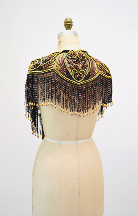 Vintage Gold Black Beaded Rhinestone Shawl Wrap Burlesque Wedding Flapper Gold Metallic Beaded Vintage Fringe Collar Shawl GOld Flapper