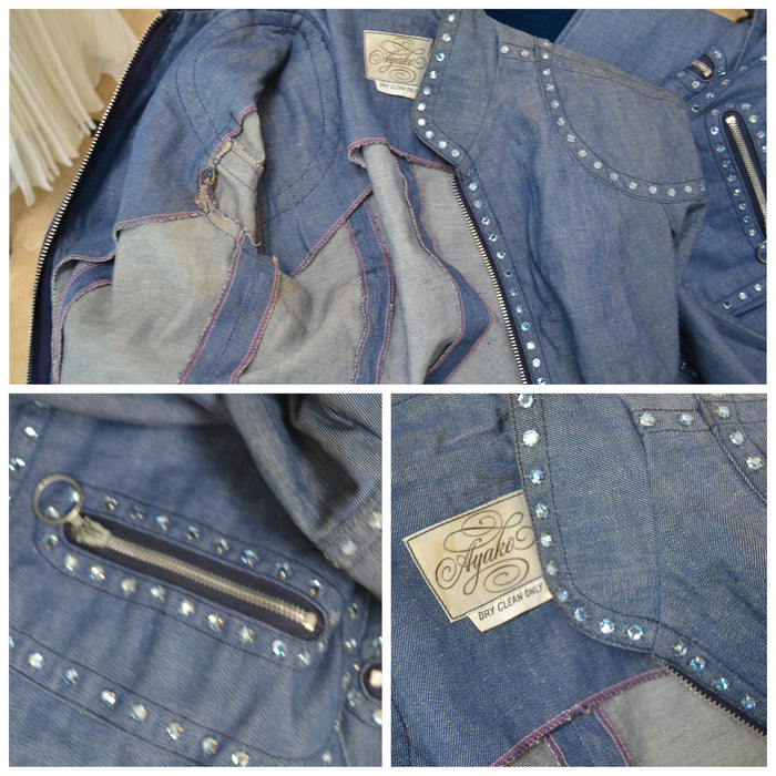 70s Authentic Vintage Rhinestone Denim Jacket shirt Bell Bottom Jeans Pants Set Medium Large by Ayako