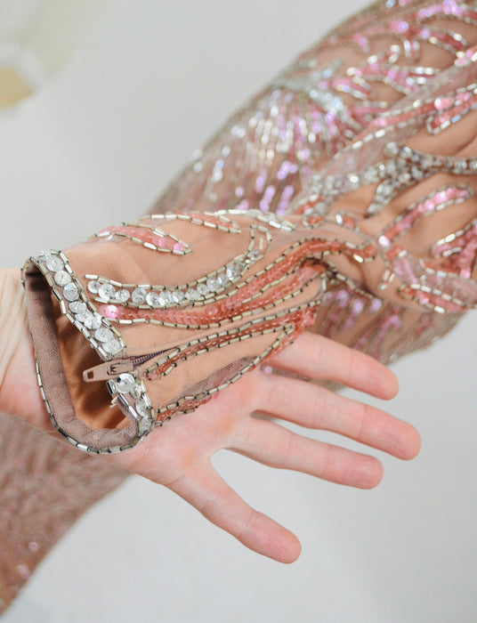 80s 90s Bob Mackie Vintage Pink Silver Beaded Sequin Gown Dress Pink Long Sleeve Sequin Gown Cher Sequin Dress XS SMALL Wedding