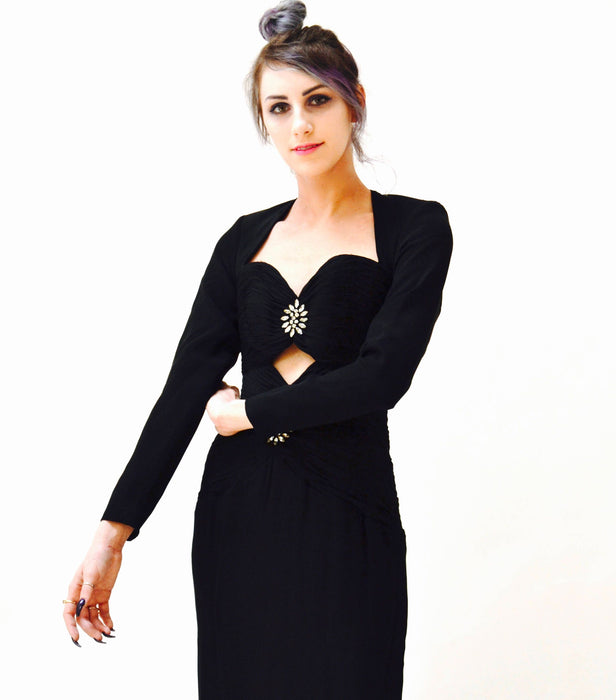 Vintage 90s Black Evening Gown Dress XXS XS Silk With Rhinestones By Sherri Hill Cut outs // Vintage Black Pageant Long dress long Sleeves