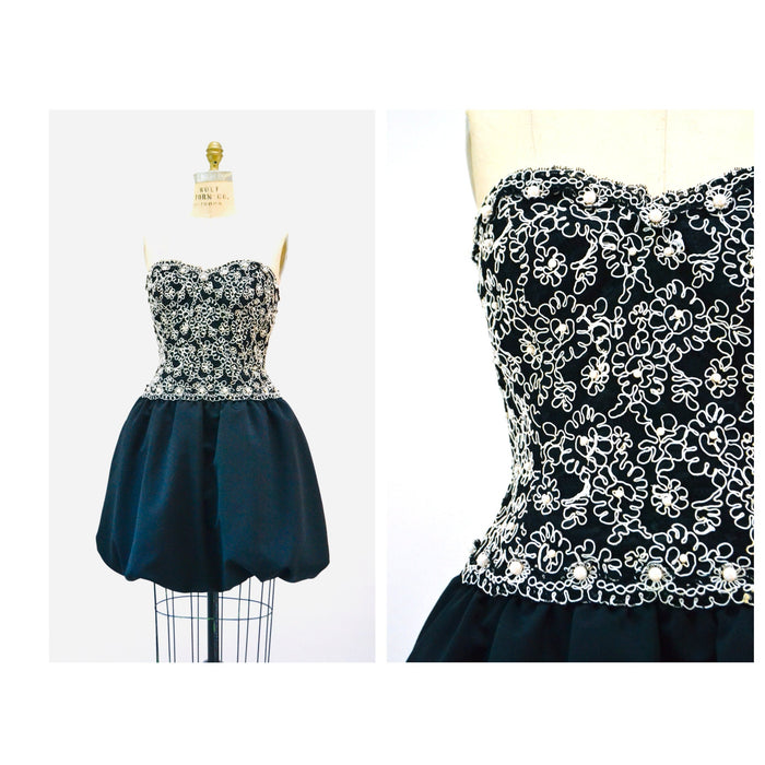 80s 90s Vintage Black Lace Strapless Party Dress Pearl Black Dress Glam Prom Pageant Bridesmaid Dress Medium Lace Pear Bubble Skirt Small