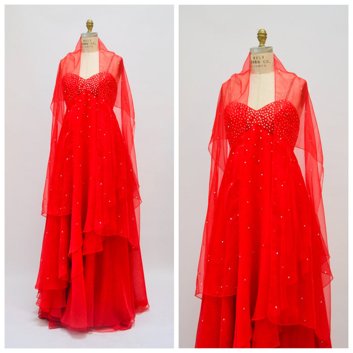 Vintage 70s Red Rhinestone Evening Gown Party Dress Chinese Wedding Dress 1970s Red Ruffle Dress with Rhinestones Empire Waist