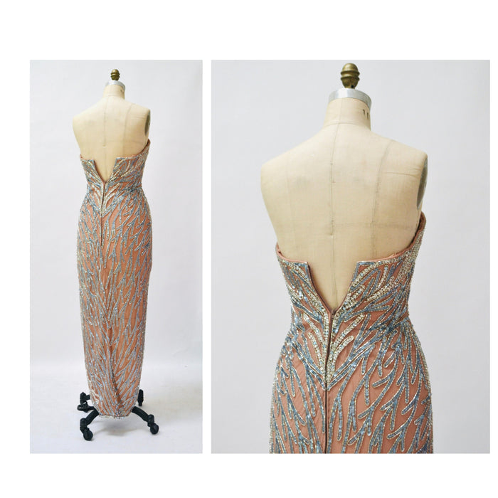 80s 90s Vintage Silver Cream Blue Beaded Sequin Gown Dress Small Medium By Bob Mackie Silk// Vintage Wedding Gown Sequin Strapless Beach