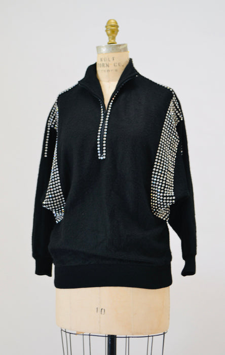 80s 90s Glam Black Sweater Top Vintage Black Rhinestone Sweater Jumper Pull over 80s Rhinestone Party Sweater Dolman Sleeves Small Medium