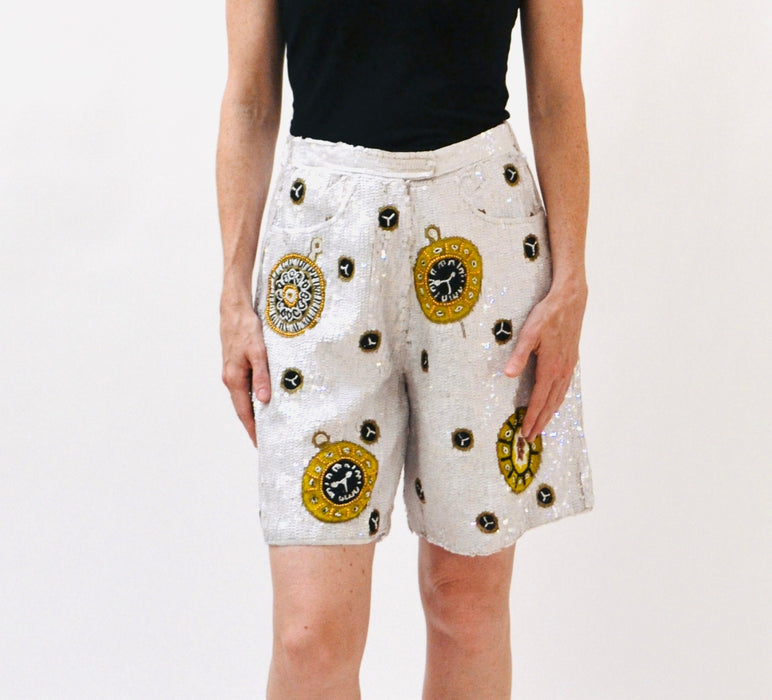 80s 90s White Sequin Shorts Nautical Boat Party Gold Stars Medium Large Talk of the Walk Casino French Collizioni Modi Sequin Jacket Shorts