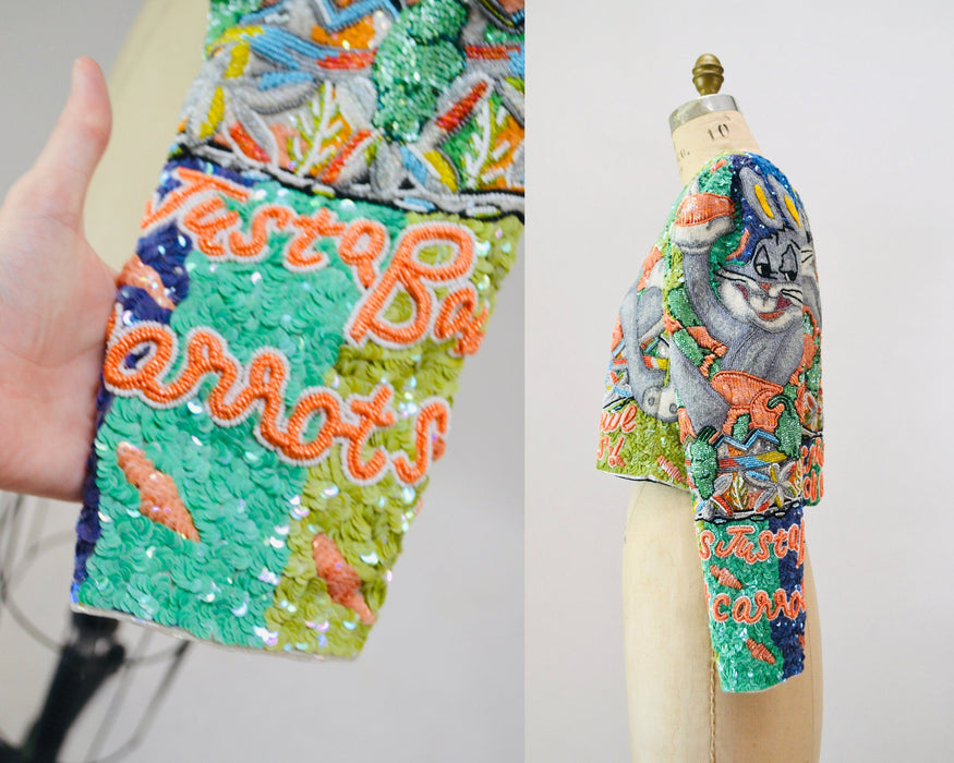 90s Vintage Jeanette Kastenberg Platinum Sequin Jacket Looney Tunes Bugs Bunny Warner Brothers Cartoon Comic Carrot Vegetarian Beaded Jacket