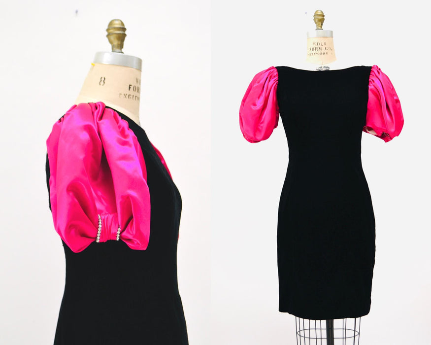 Vintage Black Pink 80s Prom Party Dress // Vintage 80s Party Pink Barbie Costume Dress Small Medium Black Velvet Pink Poof Sleeve Dress