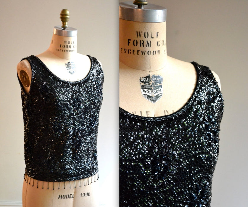 Vintage 60s Black Sequin Shirt Tank Top Shell Size Medium Large// Black Metallic Sequin Top Shirt Shell Size Large Beaded Fringe