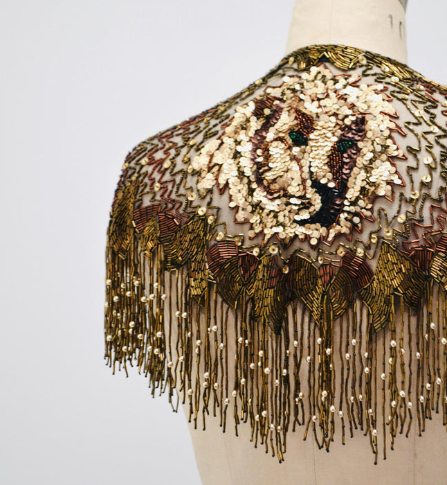 90s Vintage Metallic Beaded Sequin Fringe Shawl Lion Lioness Sequin Wrap Metallic Beaded Wrap Lion King Sharmark Las Vegas Showgirl