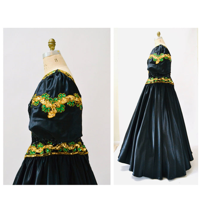 80s Prom Sequin Dress Black Ball Gown Medium Large // Vintage 80s Pageant Princess Dress Ball gown Mike Benet Sequin Party Dress Black Gold