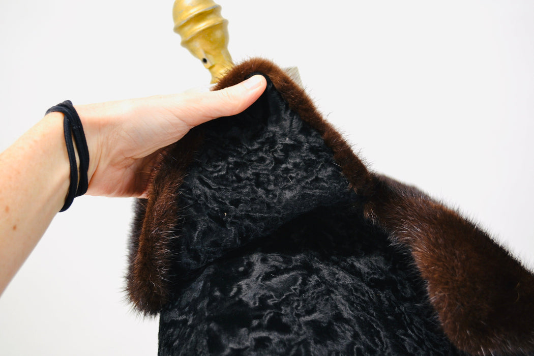 Vintage Black Persian Lamb Mink Fur Collar Coat Jacket Black Brown Broadtail leather Belted Jacket Trench Small Medium By Galleries Furs
