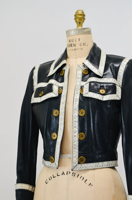 90s Vintage Black Leather Jacket by Moschino Leather Small Made in Italy// 90s Black Leather Jacket Tape Measure Trim Designer Seamstress