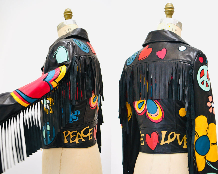 2000s Black Leather Jacket by Moschino with Fringe Make love Not War Heart Flowers Peace Small Medium// Black Leather Biker Fringe Jacket
