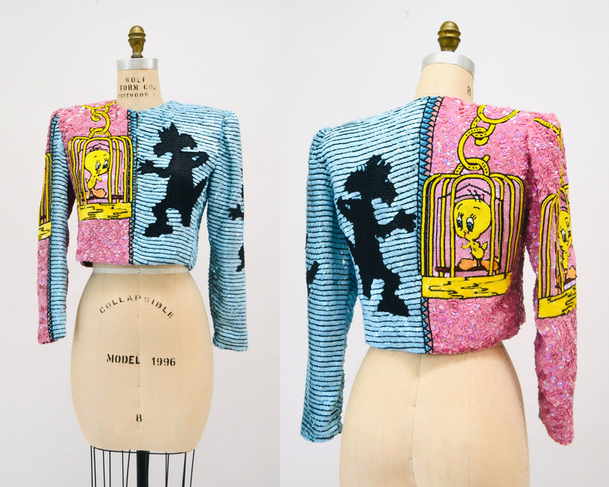 90s Vintage Jeanette Kastenberg Platinum Sequin Jacket Looney Tunes Warner Brothers Cartoon Beaded Jacket Small Tweety Bird and Sylvester