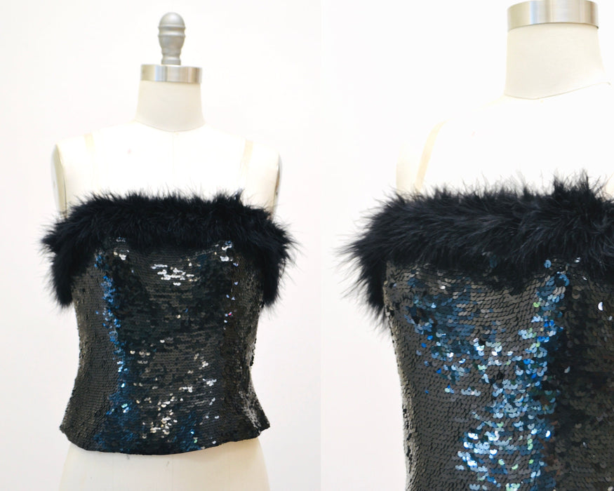 80s 90s Vintage Black Sequin Feather Bustier Top Size XS Small 90s 2000s Sequin feather Strapless top XXS Xs Black Sequin Feather Crop top