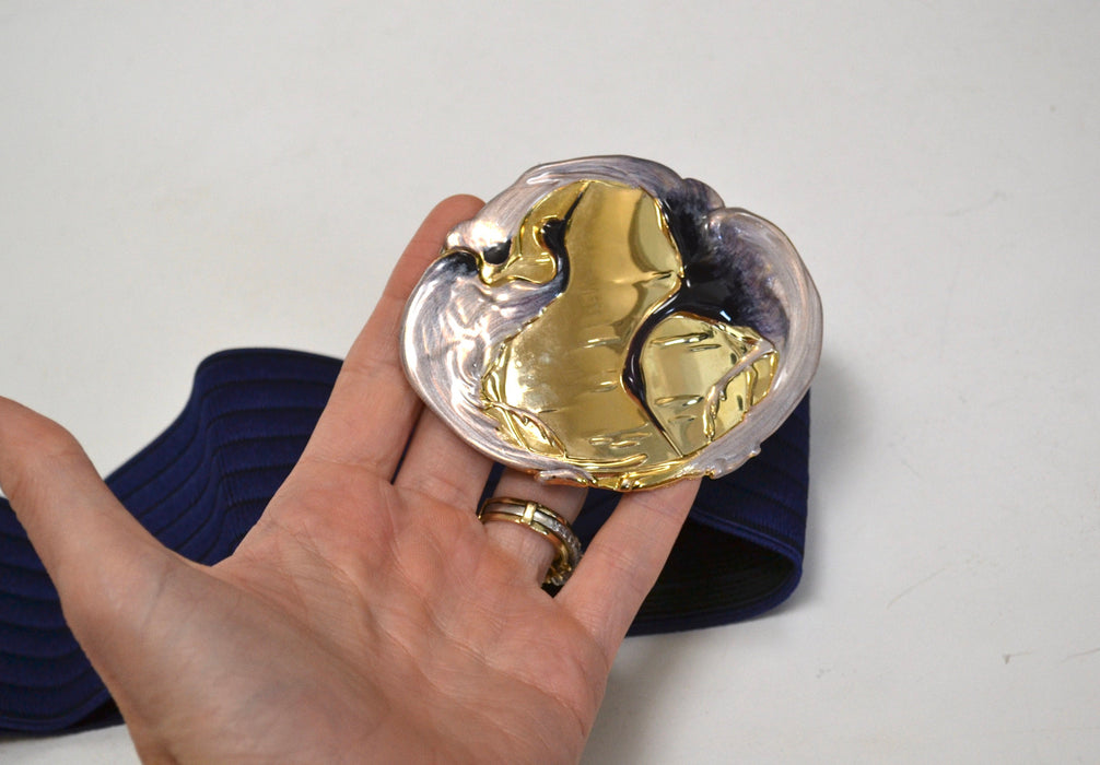 80s 90s Vintage Gold Blue Belt Buckle Blue Crane Bird Stretch Elastic Belt Blue Gold Metallic Wedding Belt Medium Large 26-35" By Charmant