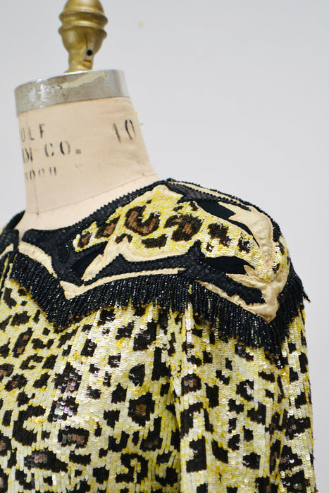 80s Vintage Valentino Sequin Jacket Leopard Cheetah Animal Pattern Beaded Fringe// Vintage Valentino Sequin Beaded Jacket Small Medium