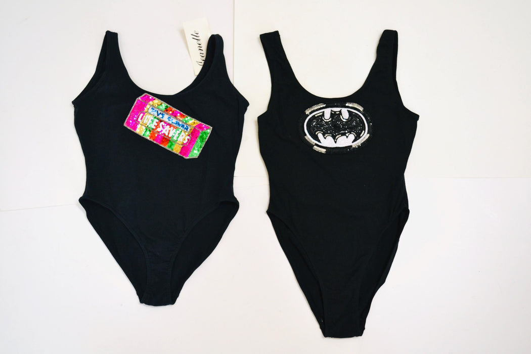 90s Black Sequin Body Suit Knit Body Suit Leotard High Cut 80s 90s body Suit with Sequin Batman Logo By Jeanette Kastenberg XS Small