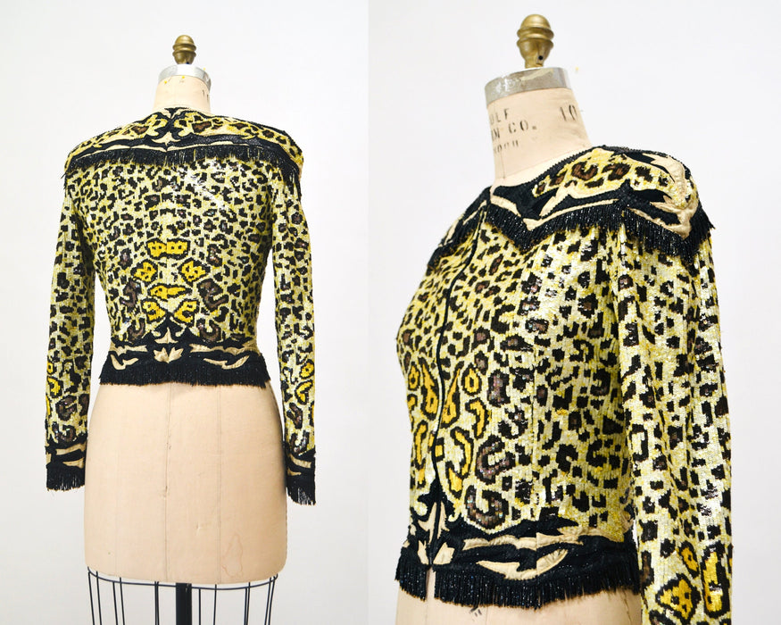 80s Vintage Valentino Sequin Jacket Leopard Cheetah Animal Pattern Beaded Fringe// Vintage Valentino Sequin Beaded Jacket Small Medium