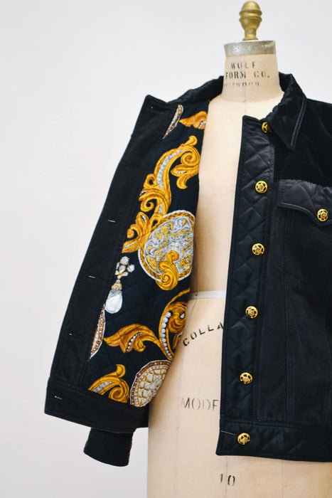Vintage 80s 90s Black Gold Denim Jacket Quilted Black Jacket By  Laurel Medium Large// Vintage Black Gold Denim Satin Jacket Made in Italy