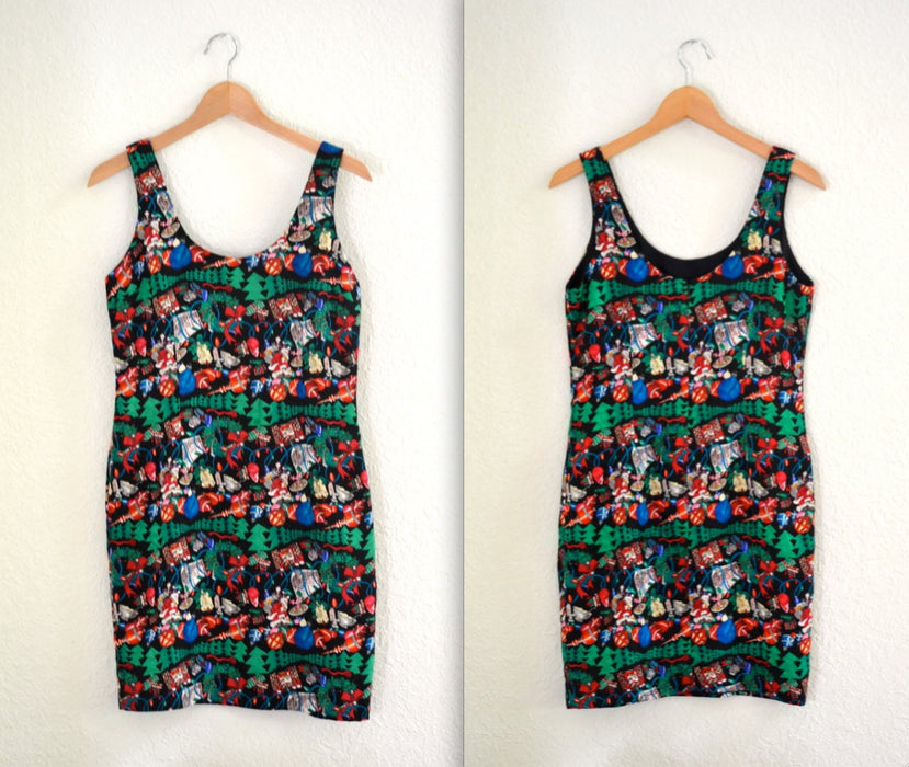 Vintage Christmas dress Nicole Miller Silk Dress Christmas Tree Santa Medium Vintage Holiday Party Dress Black Silk Xmas Christmas Dress