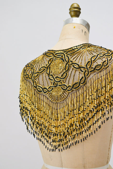 Vintage Gold Beaded Fringe Shawl Wrap Burlesque Wedding Flapper Gold Metallic Beaded Vintage Fringe Collar Shawl Gold Black Wrap Sharmark