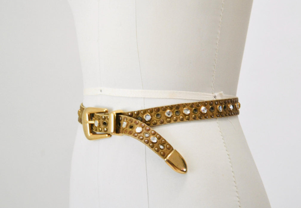 90s 2000s Vintage Gold Rhinestone Belt Brown Leather Gold Rhinestone Belt Small 29" Rhinestone Studded leather Belt