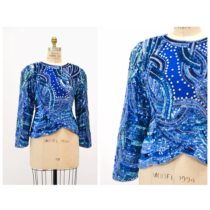 Vintage 80s 90s Blue Metallic Sequin Shirt Small Medium Blue silver Metallic// Vintage 80s Glam Sequin Shirt Long Sleeve blue Sequin Top