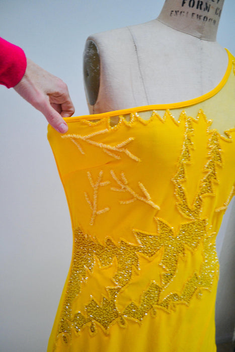 Vintage 00s Y2K Tank Dress Knit Beaded Yellow Sheer Dress Large XL// Yellow Beaded Dress Salsa Sexy One shoulder Asymmetrical Club Dress XL