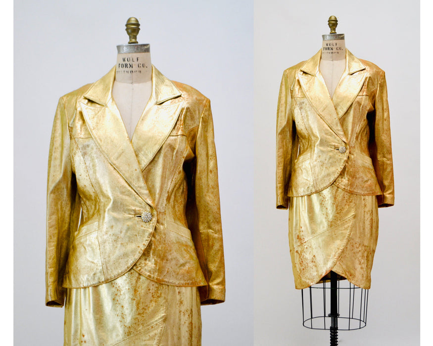 80s 90s Vintage Gold Metallic Rhinestone Leather Suit Jacket Skirt Set Lillie Rubin Medium Large 80s Glam Gold Studded Leather Jacket Skirt
