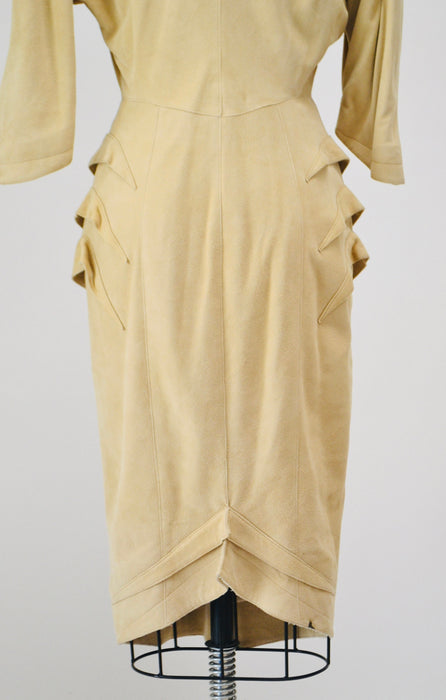 80s 90s Vintage Thierry Mugler Leather Dress Spring Summer 1989 Thierry Mugler Paris Tan Sueded Leather Dress Small Medium 24 Woman Dress