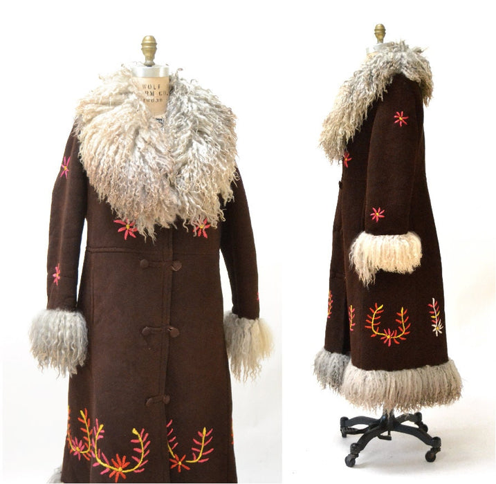 Vintage Embroidered Shearling Afghan Jacket Coat Medium Large//  90s does 70s Shearling Coat Embroidered Sheepskin Fur Boho Afghan Jacke