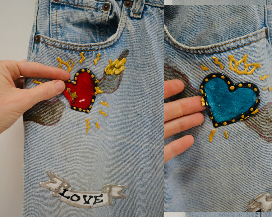 80s Vintage Leslie Hamel Jeans Pants Vintage Levis Hand painted Love Peace Denim Jeans Levis Pop Art Vintage Levis Medium Jeans Madonna