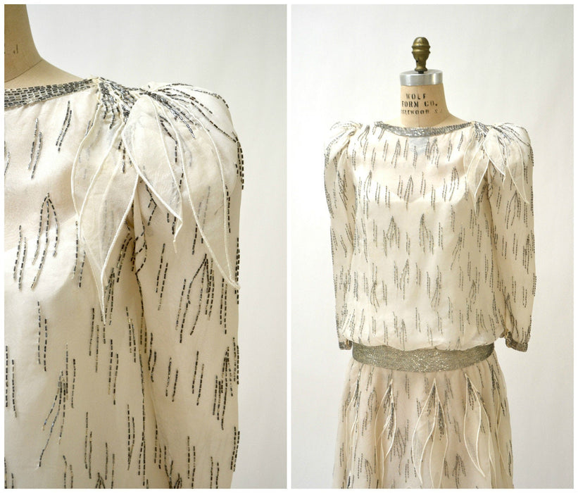 80s does 20s Vintage Beaded Dress Silk Cream Off White Dress Small Medium Ruben Panis// 80s Vintage Beaded Dress Long Sleeve Flapper Dress
