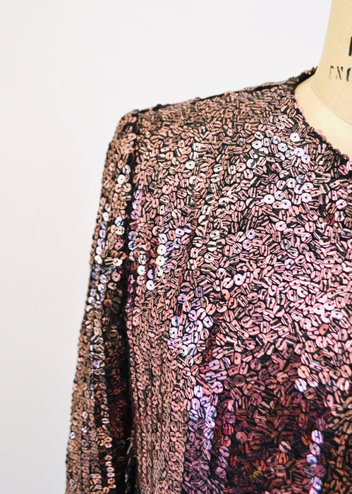 70s Vintage Pink Black Sequin Gown Dress Sequin Jacket By Estevez Strapless Sequin Dress Gown Pink Sequin Jacket Disco Party Medium