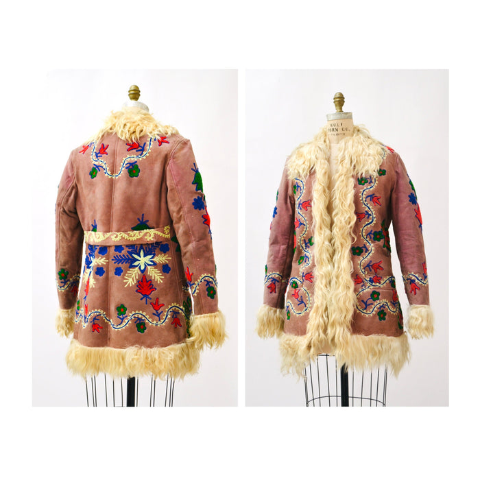 Vintage Embroidered Shearling Afghan Jacket Coat Small Medium//  70s Shearling Coat Embroidered Sheepskin Fur Boho Afghan Jacket By Yaqub