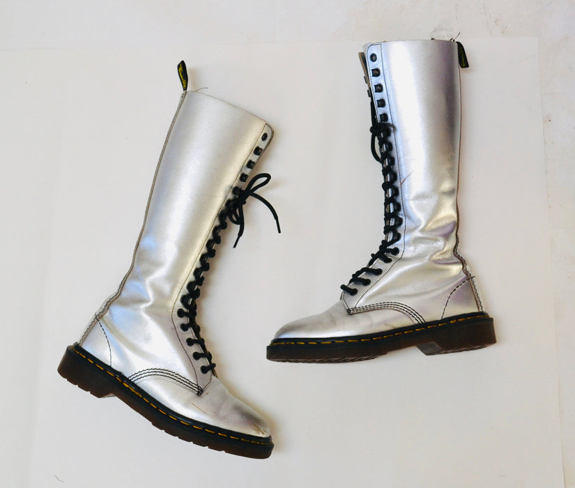 90s Dr. Martens Boots Women Size 6 Metallic Silver Boots Lace up knee high Boots// Vintage Doc Marten Silver Boots Size 5 UK Made in England