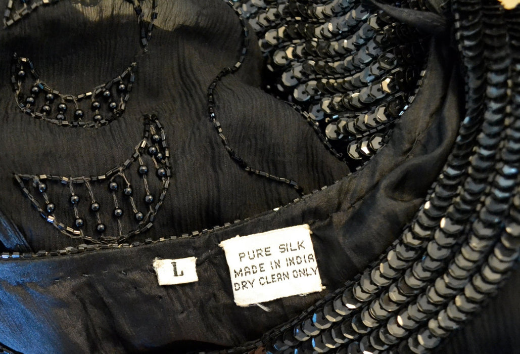 80s 90s Vintage Black  Sequin Beaded Dress Flapper Art Deco Party Dress Silk Medium// 80s does 20s Black Vintage Flapper Dress Long Sleeve