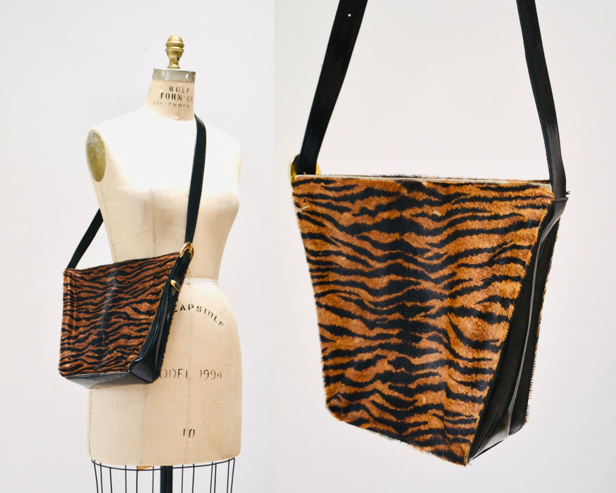 90s Vintage Tiger Stripe Pony Hair Leather Purse Black brown Zebra Stripe Leather Handbag Charles Jourdan Medium Purse Made in France