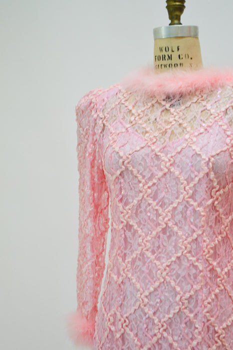 80s Vintage Pink Sequin Feather Dress Gown Pat Richards Medium// 80s 90s Vintage Pink Prom Barbie Bridesmaid Party Dress Gown Pink Princess