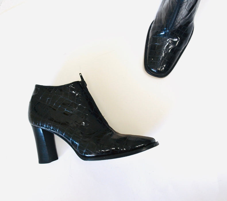 90s 00s Black Patent Leather Cropped High heel Boots 37 1/2 7 1/2 by Omari Made in Italy Cropped Reptile Patent Leather Booties Size 37 1/2