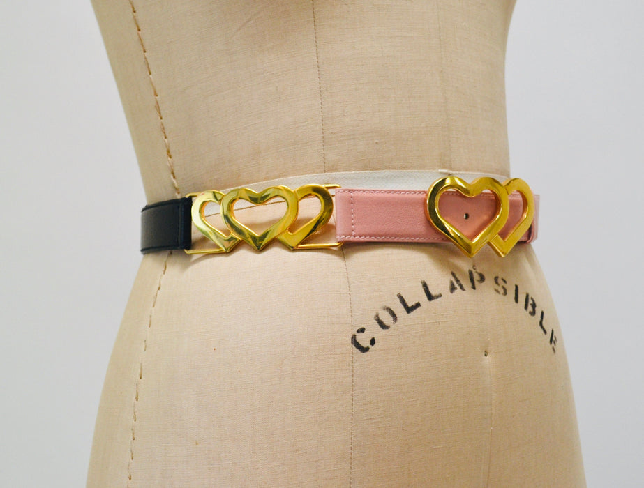 80s 90s Vintage ESCADA Black Pink heart Belt Metallic Gold Black Leather Belt size 40 Medium Large 80s Glam Heart Wedding Black Gold Belt