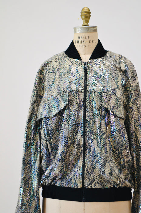 90s Vintage Sequin Bomber Track Jacket Black Grey Sequin Snake Python Jacket Small Medium// 90s Party sequin Jacket Snake Print Criscione