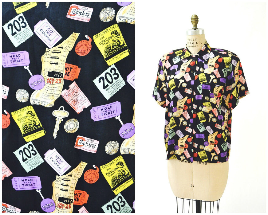 90s Vintage NYC Shirt Nicole Miller Silk Shirt New York CITY Tickets Pop Art Bottom of Your Purse Print Medium// Vintage NYC Silk Shirt