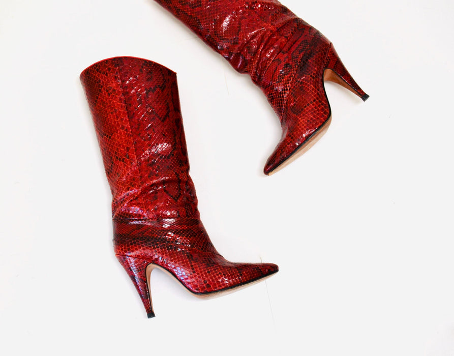 80s Vintage Red Snake Skin Embossed Leather High Heel Boots 6  Leather High Heel Black Boots Pointed Toe Boots Made in Italy