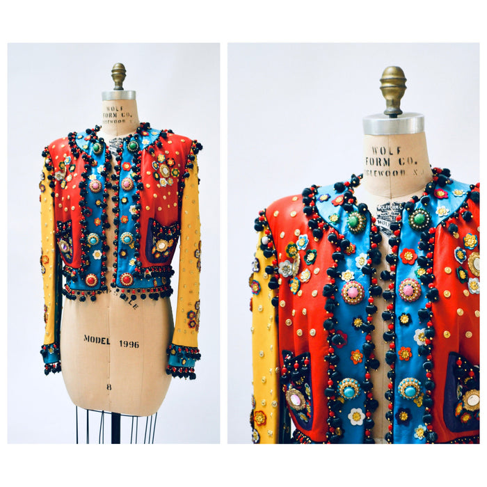 Vintage 90s Moschino Leather Jacket Gold Metallic 1991 Spring Summer Moschino Studded Leather Jacket Red Blue Green Yellow Made in ITaly