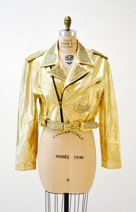 Amazing Vintage Gold Leather Biker Jacket with Rhinestones Gold Studs Large XL// Metallic Studded Gold Leather Moto Jacket LA ROXX