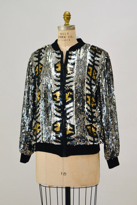Vintage 80s 90s Silver Sequin Party Bomber Jacket Metallic Jacket Medium large// Vintage 80s 90s Party Metallic Silver Gold Sequin Jacket