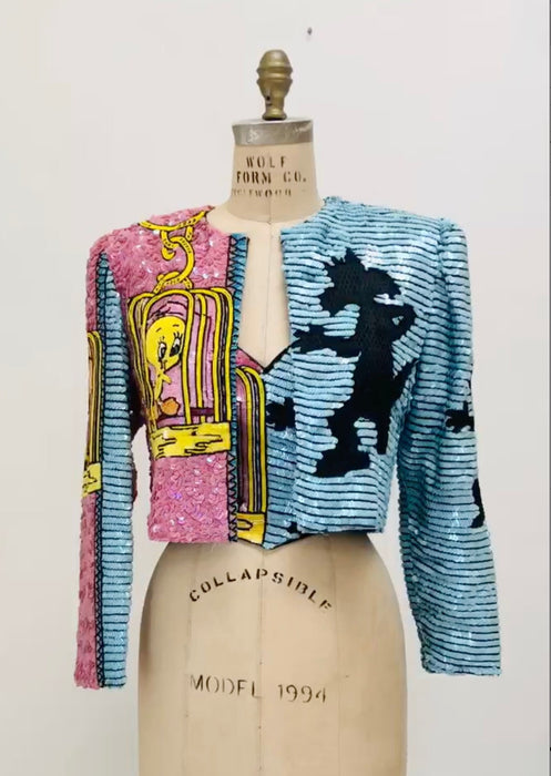 90s Vintage Jeanette Kastenberg Platinum Sequin Jacket Looney Tunes Warner Brothers Cartoon Beaded Jacket Small Tweety Bird and Sylvester